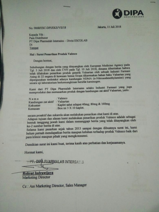 Surat pernyataan dari salah satu industri farmasi/Himedik.com