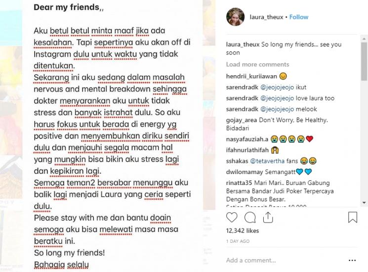 Unggahan permintaan maaf karena off dari Instagram. (Instagram/@laura_theux)