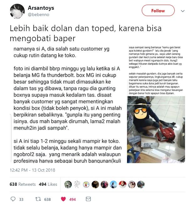 Kisah buruh bangunan sisihkan uang untuk beli gunpla. (twitter/@arsantoys)