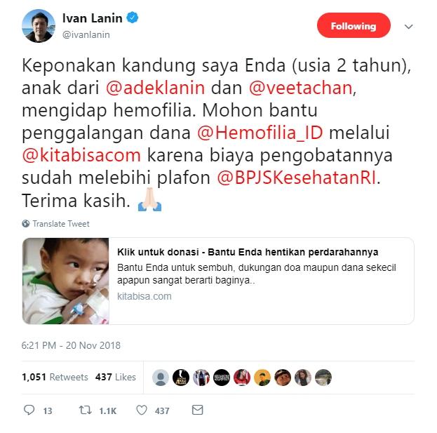 Keponakan Ivan Lanin sakit hemofilia. (twitter/ivanlanin)