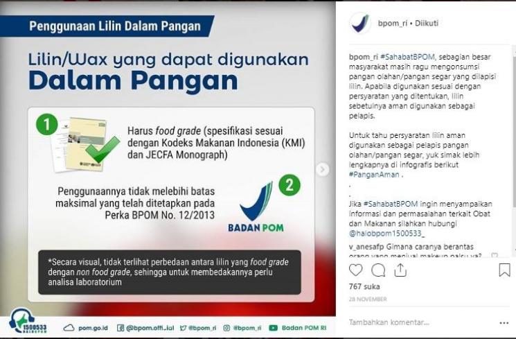 Amankah Penggunaan Lilin dalam Pangan? (Instagram/@bpom_ri)