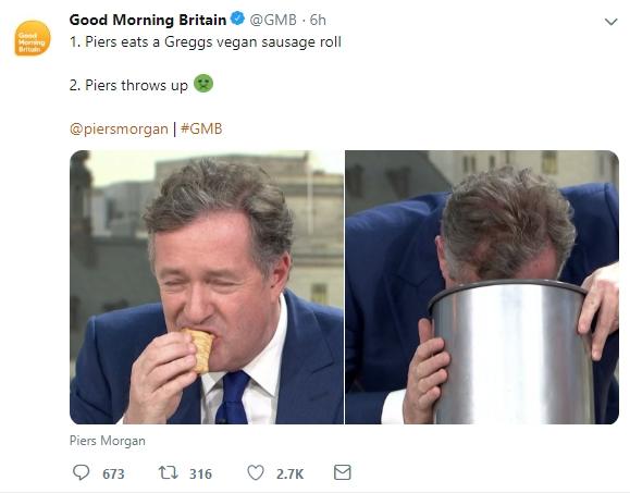 Piers memuntahkan makanannya. (Twitter/GMB)
