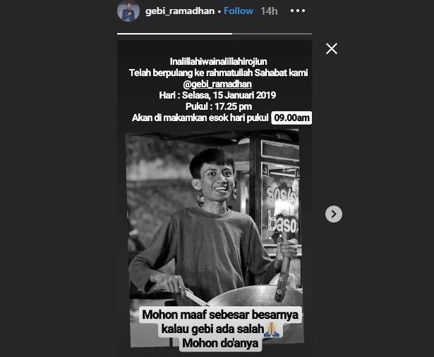 Gebi Ramadhan meninggal dunia. (Instagram/gebi_ramadhan)