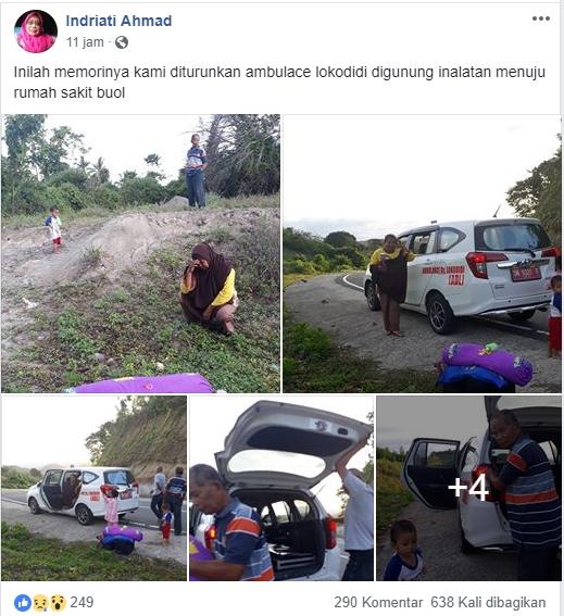 Pasien diturunkan di tengah jalan. (Facebook/Indriati Ahmad)