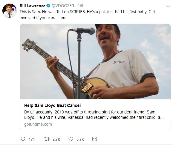 Bill Lawrence turut mengampanyekan penggalangan dana untuk Sam Lloyd. (Twitter/VDOOZER)
