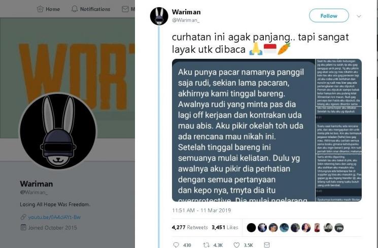 Curhatan soal abusive relationship - (Twitter/@Wariman_)