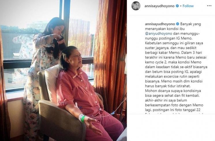 Annisa Yudhoyono kabarkan alis Ani Yudhoyono menipis dan rambutnya sudah rontok setelah jalani kemoterapi (Instagram/@annisayudhoyono)