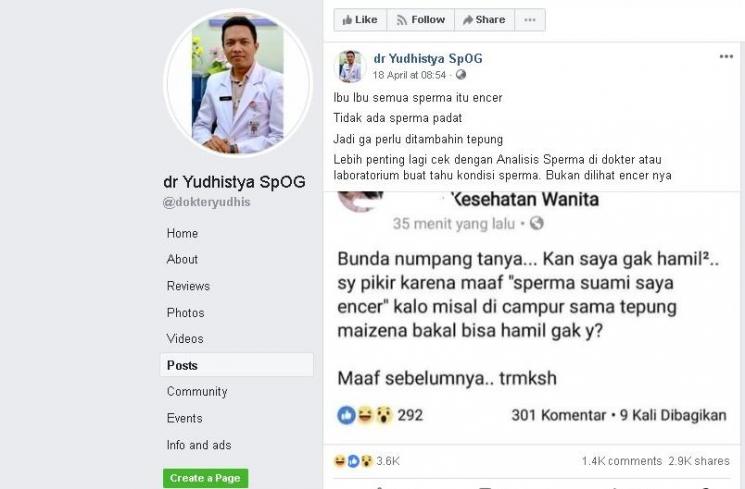 Pertanyaan warganet tentang sperma campur tepung maizena - (Facebook/@dokteryudhis)