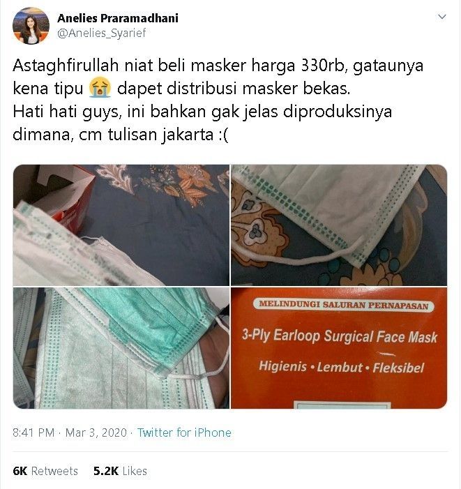 Masker wajah yang dibeli Anelies (Twitter/Anelies_Syarief)